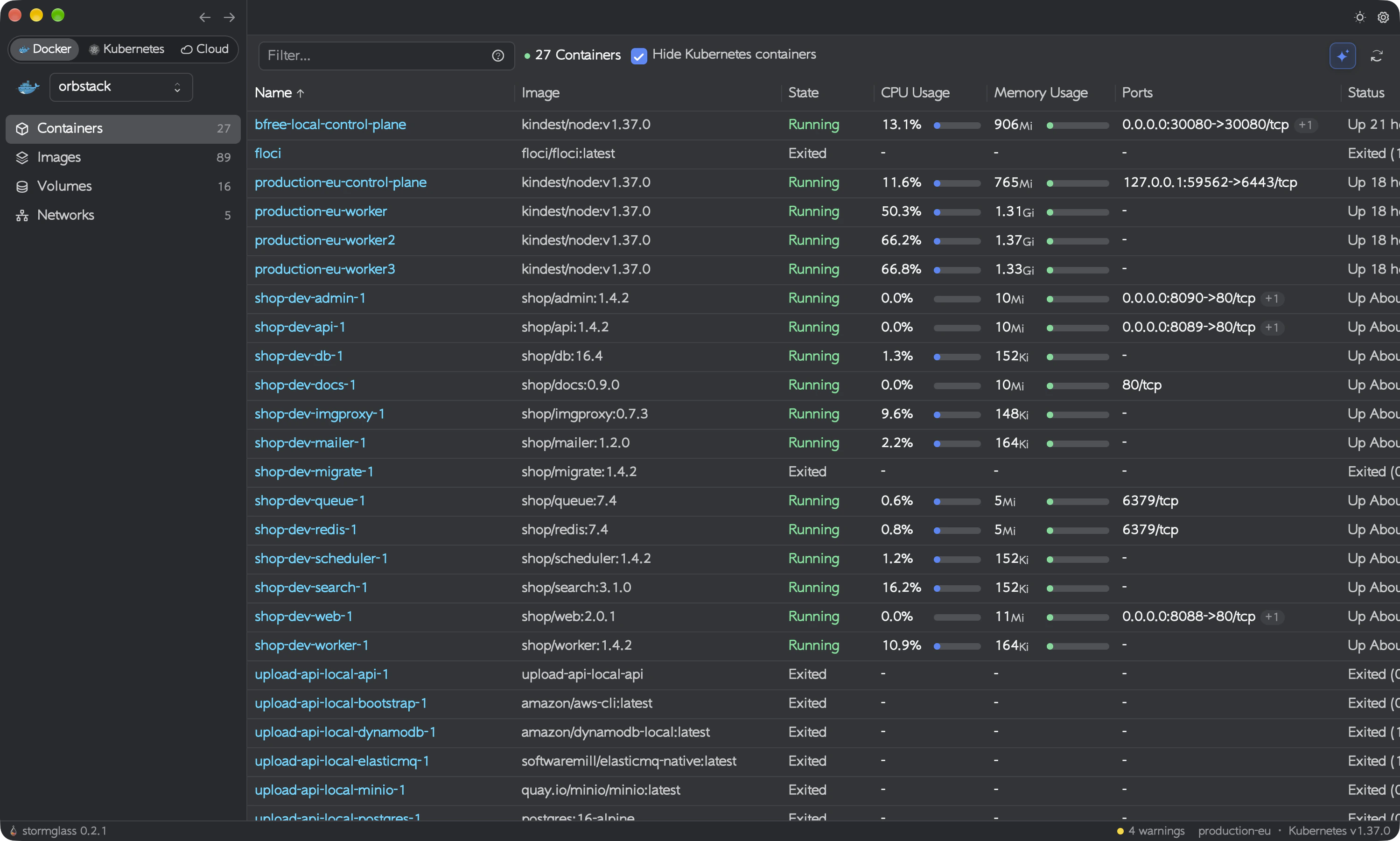 Docker mode: the containers list with image, state, CPU, memory and ports