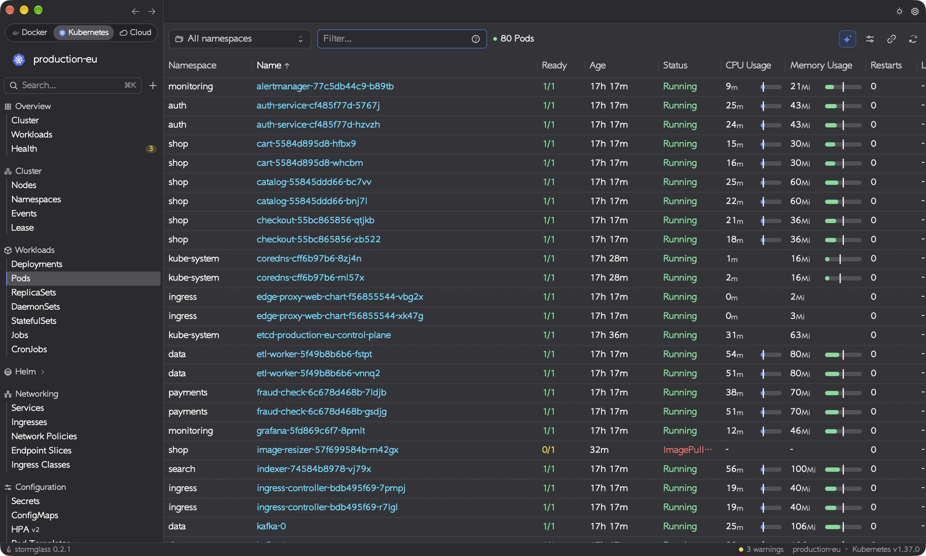 Kubernetes mode: the Pods list of a production cluster with CPU, memory and status
